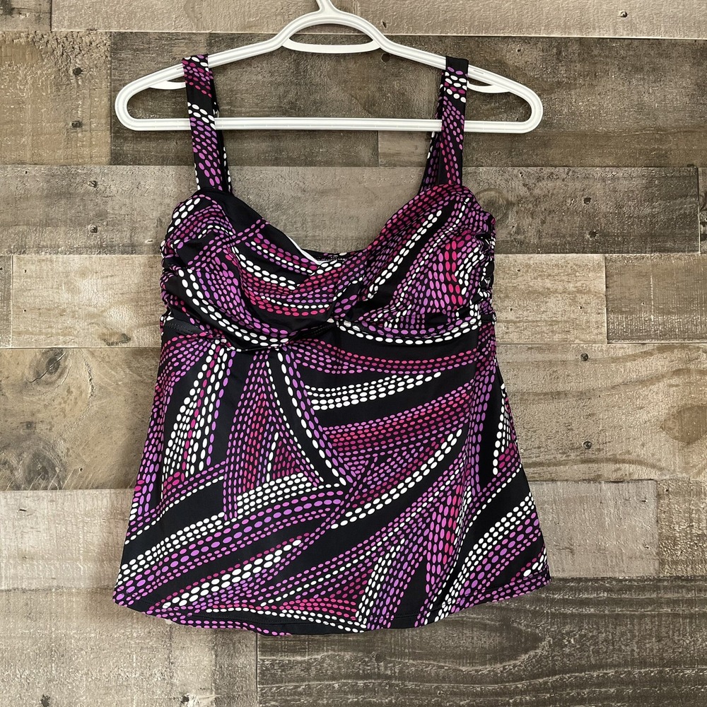 Sonoma Tankini Swim Top Size 10 Black & Purple‎ Polka Dot Colorful Halter